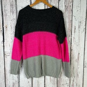 Honeyme Chunky Knit Colorblock Sweater Size Medium Black Pink Gray Pullover Soft